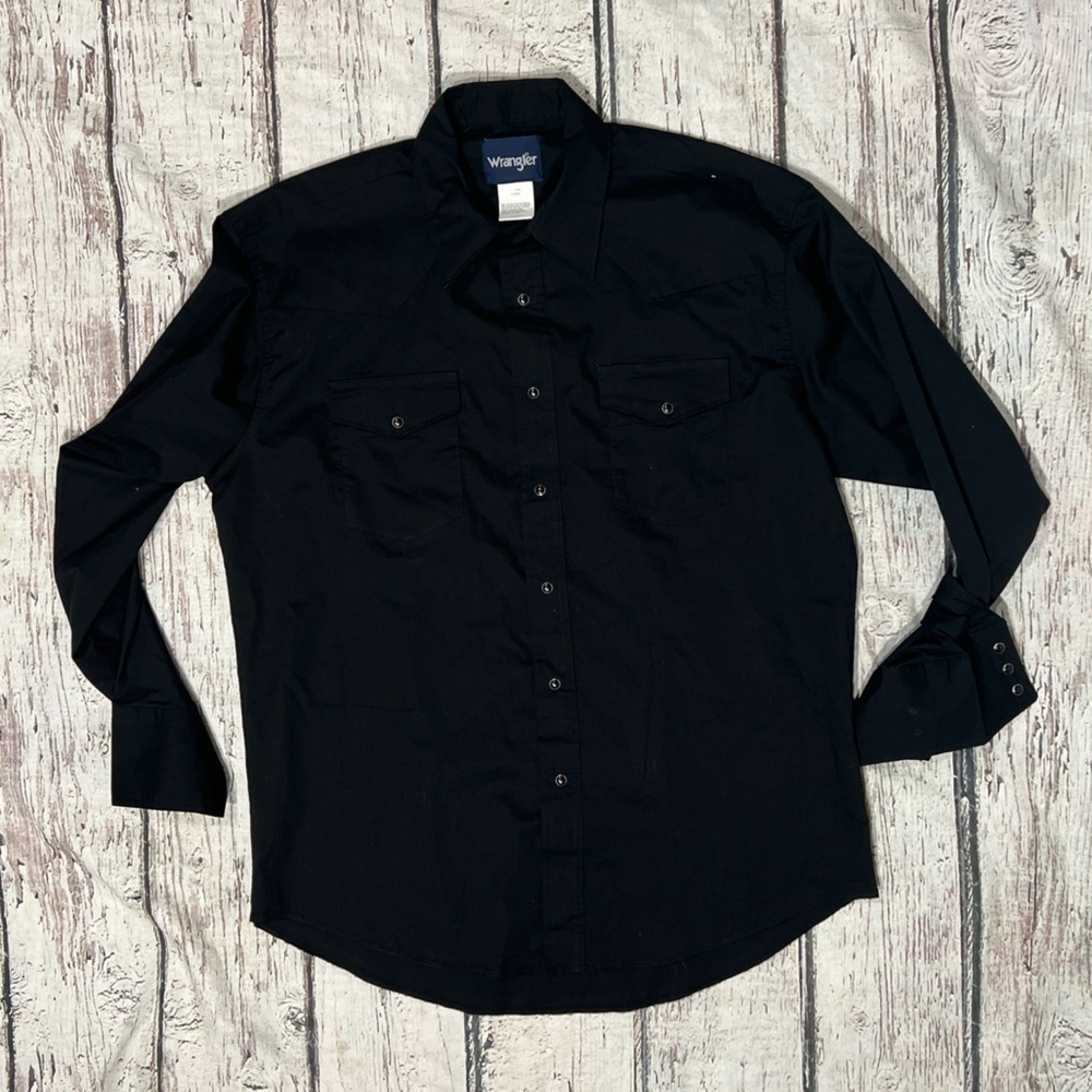 VTG Wrangler Western Long Sleeve Black Grunge Country Cowboys Shirt Mens